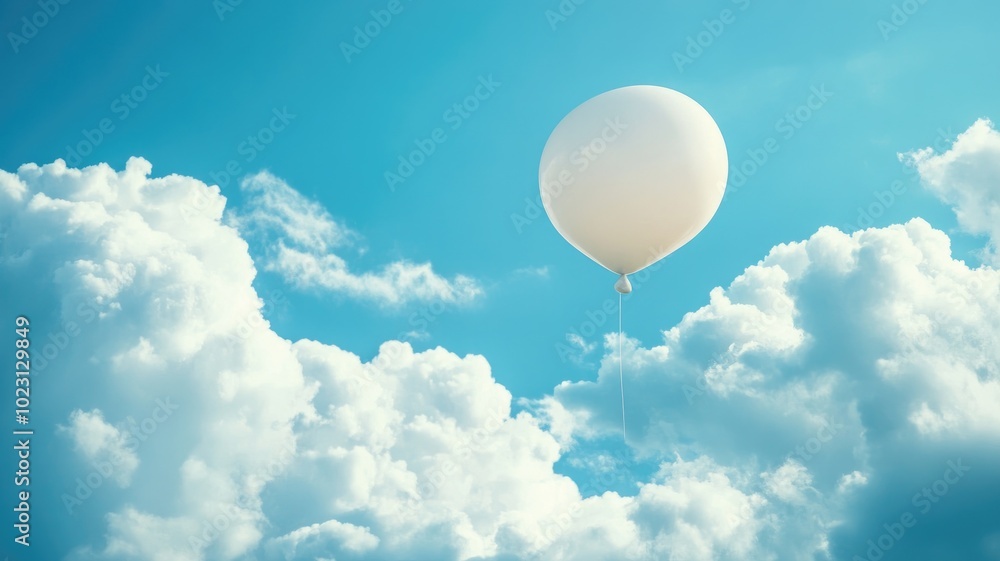 White balloon floats against backdrop of fluffy clouds and blue sky White balloon floats against backdrop of fluffy clouds and blue sky