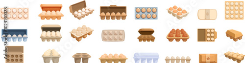 Egg package icons set. Different types of egg boxes with varying numbers of white and brown eggs, some open and some closed