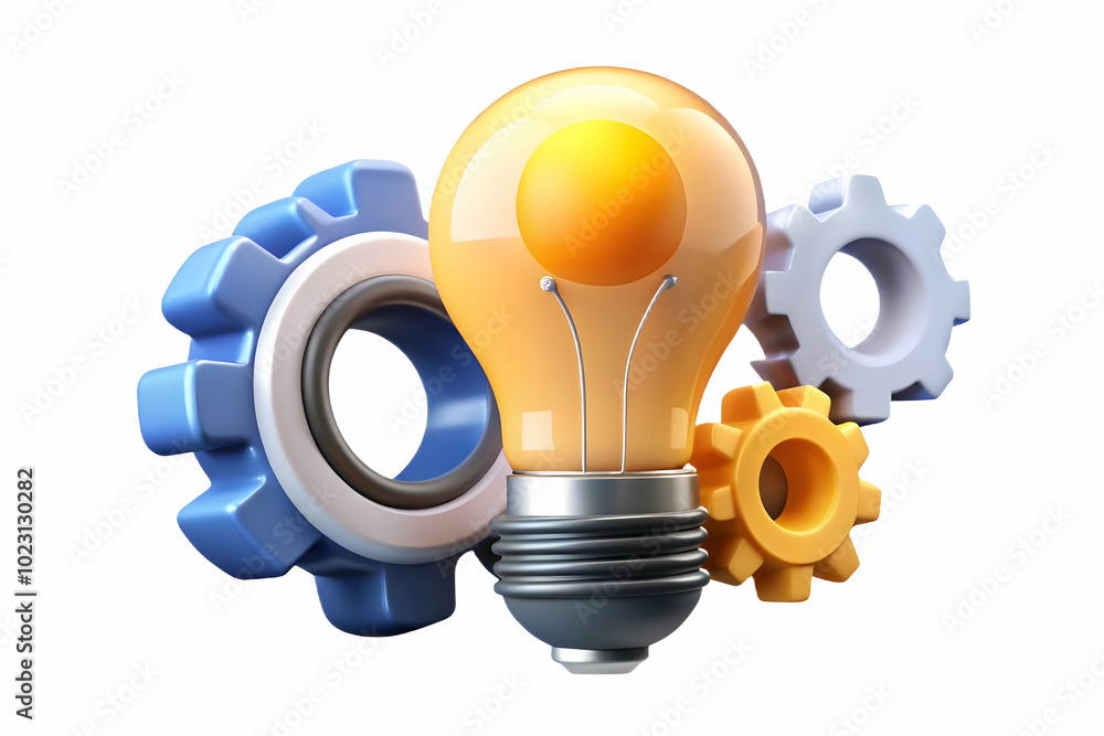 Floating Light Bulb and Gears with Creative Process - A Modern Vector Design Showcasing Innovation and Inspiration in Marketing, Isolated on White Background Floating Light Bulb and Gears with Creative Process - A Modern Vector Design Showcasing Innovation and Inspiration in Marketing, Isolated on White Background