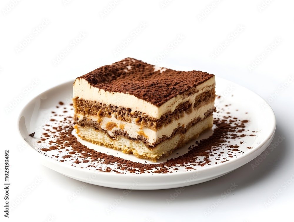 Delicious Tiramisu Slice with Cocoa Powder on White Plate Creamy Layered Dessert Concept Delicious Tiramisu Slice with Cocoa Powder on White Plate Creamy Layered Dessert Concept