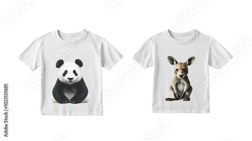 A plain t-shirt mockup template, showing front and back, panda and kangaroo scene animal graphics, png file, polo shirt, plain t-shirt mockup design , on a transparent backgrounds photo