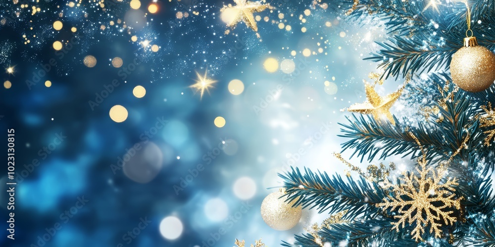 Festive Christmas tree with golden ornaments and sparkling lights against a blue backdrop. Festive Christmas tree with golden ornaments and sparkling lights against a blue backdrop.