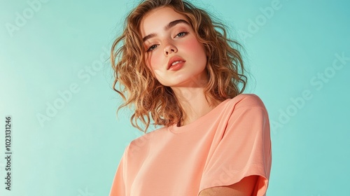 Stylish portrait of a young woman wearing a peach shirt against a vibrant turquoise background, showcasing modern fashion trends.