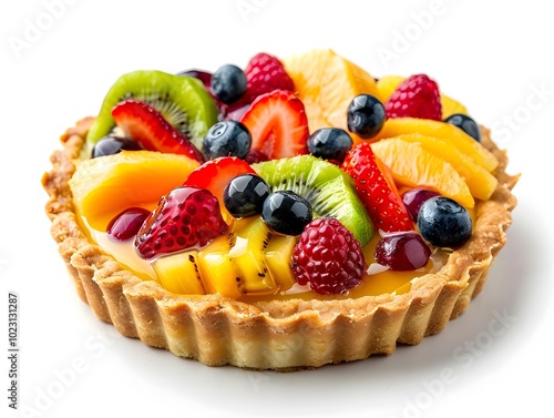 Vibrant Fruit Tart with Glossy Glaze on White Background