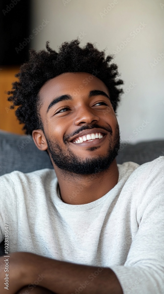 Close-up portrait of a joyful young man with curly hair and beard, wearing a white sweater, laughing heartily with eyes closed in a cozy home setting. Close-up portrait of a joyful young man with curly hair and beard, wearing a white sweater, laughing heartily with eyes closed in a cozy home setting.