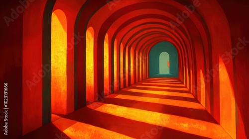 A vibrant hallway with arched structures and dramatic lighting leading to an open door.