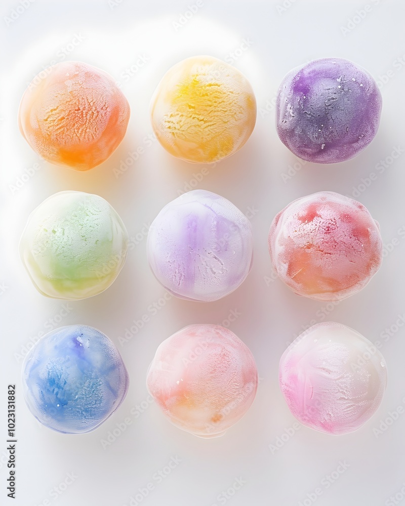 Fototapeta premium Colorful Mochi Ice Cream Balls Arranged in Neat Row on White Background