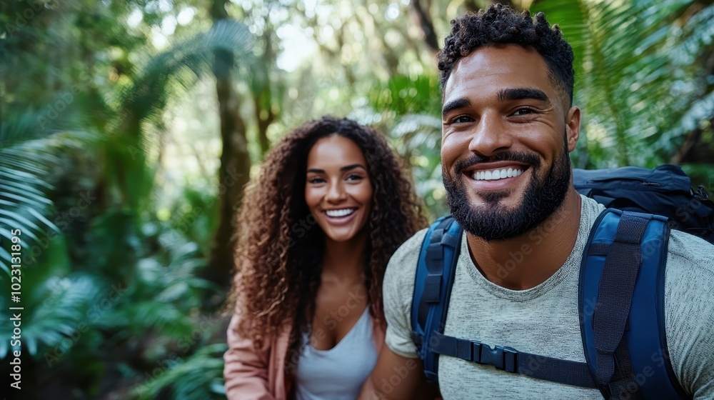 A cheerful couple, equipped with backpacks, hikes through a vibrant jungle trail. The lush greenery and sunlight create an adventurous and immersive natural setting.