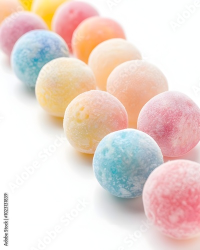 Colorful Mochi Ice Cream Balls Arranged in Neat Row on White Background