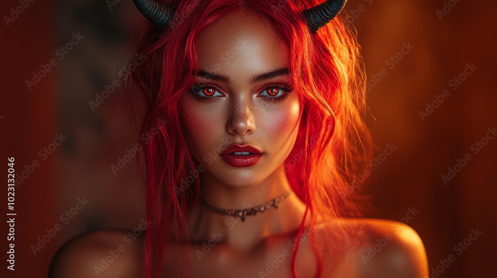 Obraz premium A woman with red hair and red eyes stands in front of a red background