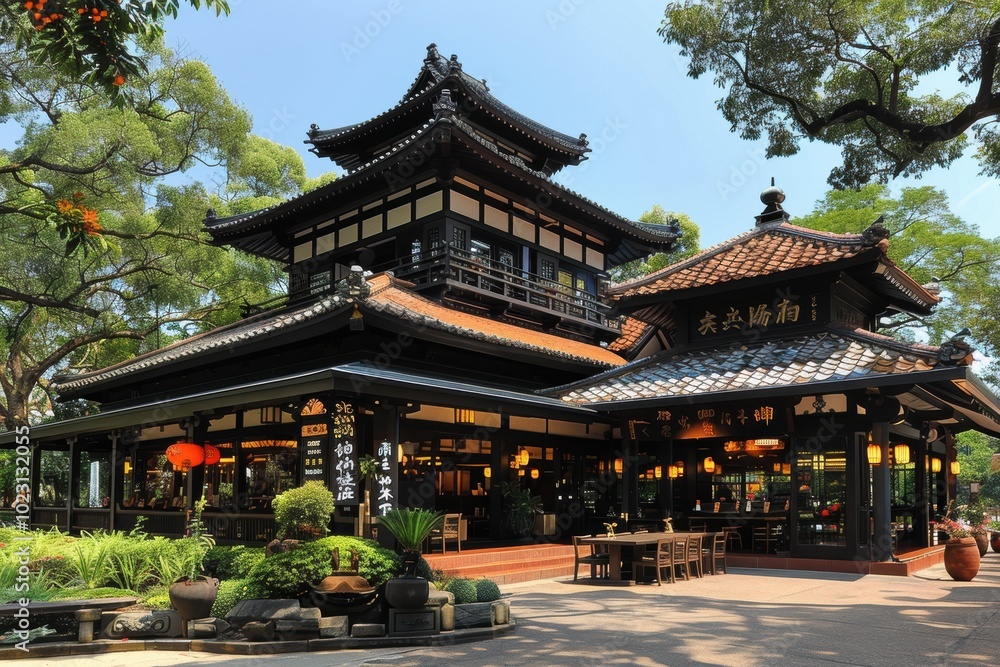 Fototapeta premium Traditional Japanese architecture featuring a beautifully designed wooden restaurant surrounded by lush greenery in a serene setting