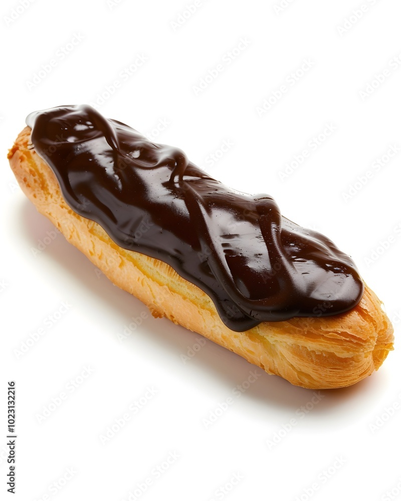 Delicate Chocolate clair with Glossy Glaze on White Background Delicate Chocolate clair with Glossy Glaze on White Background