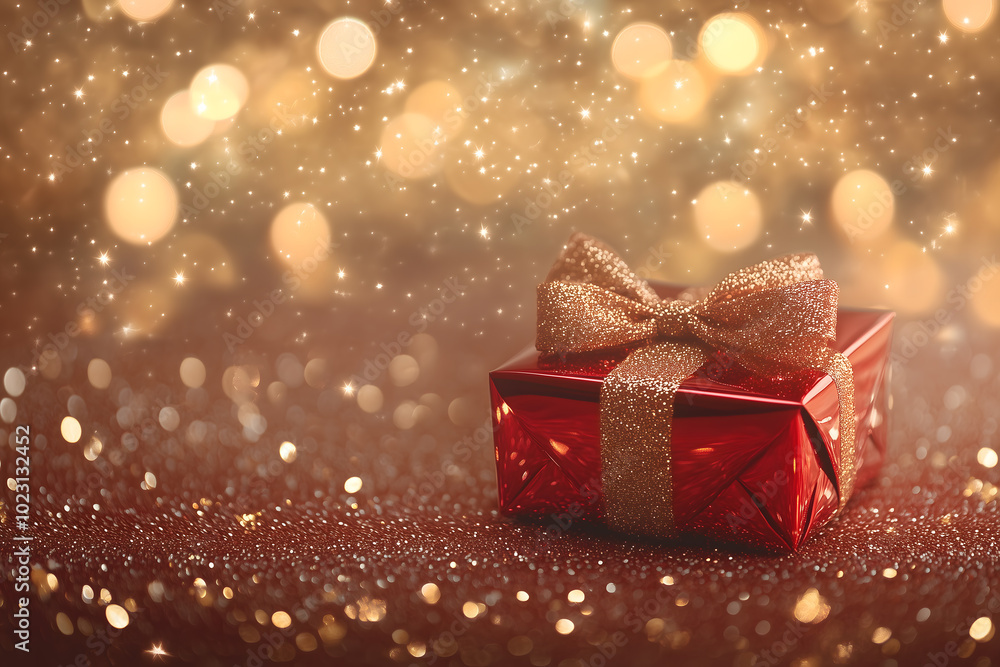 red Gift box with gold ribbon on golden Bokeh Background. Generative Ai. red Gift box with gold ribbon on golden Bokeh Background. Generative Ai.