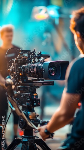 Behind-the-scenes of film production: professional camera operator adjusts high-end digital cinema camera on set, with crew and lighting visible in background.