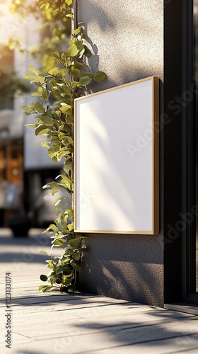 Blank wooden frame on sunlit wall with lush green vine climbing alongside, creating a natural, inviting ambiance for outdoor cafe or shop entrance. photo