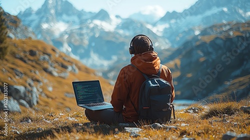 A person working remotely on a laptop in a scenic mountain landscape, enjoying nature and peace while connected to technology.