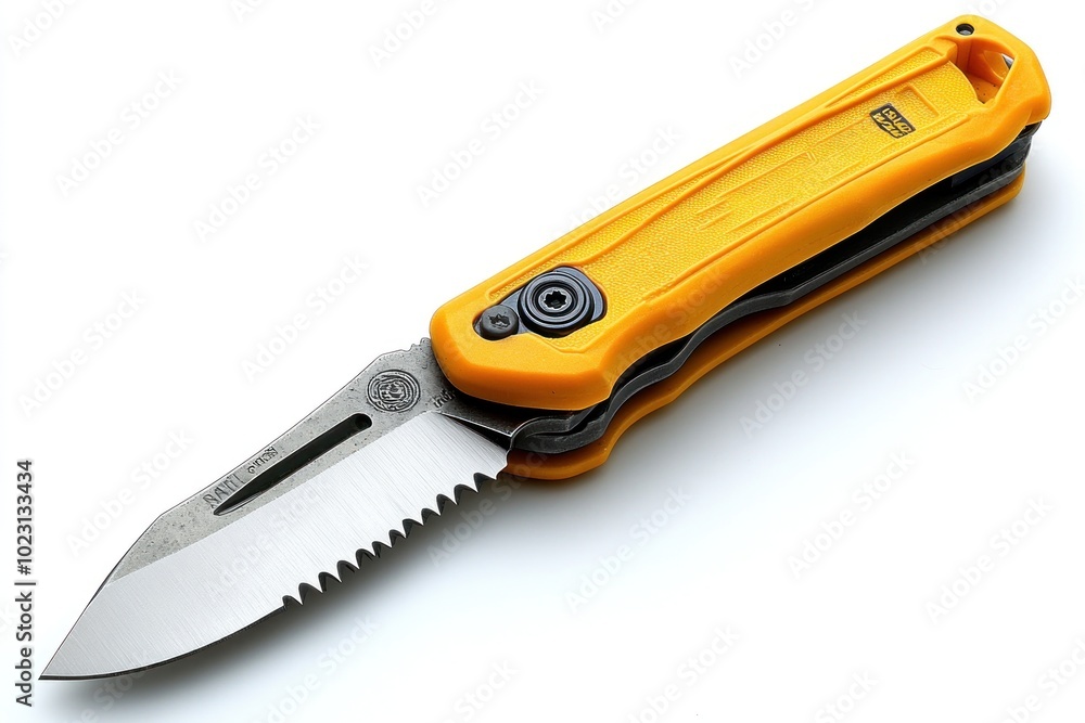 A yellow-handled folding knife with a serrated edge, designed for utility and outdoor tasks.