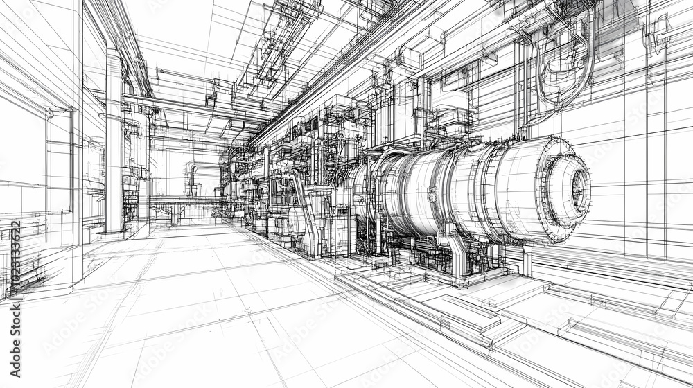 Obraz premium Sketch of industrial equipment. Wire-frame style. 3d illustration