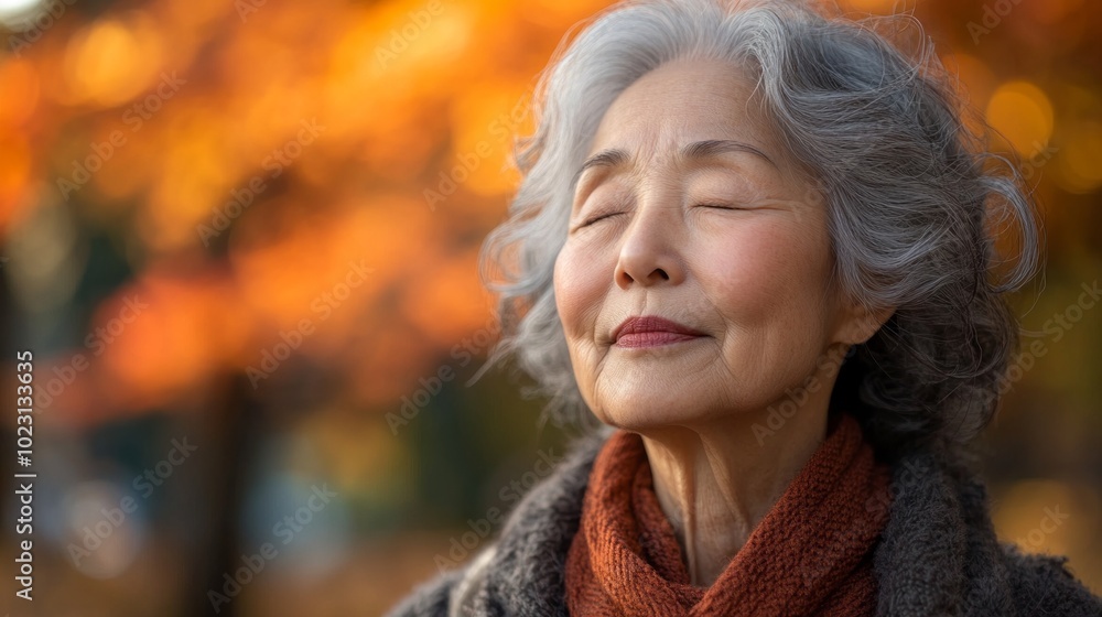 A woman with gray hair is smiling and looking to her right