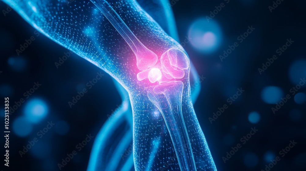 Medical hologram of a human knee with advanced joint braces, vibrant neon blues highlighting pain points, set in a futuristic operating room, Digital Art, Neon Medical hologram of a human knee with advanced joint braces, vibrant neon blues highlighting pain points, set in a futuristic operating room, Digital Art, Neon