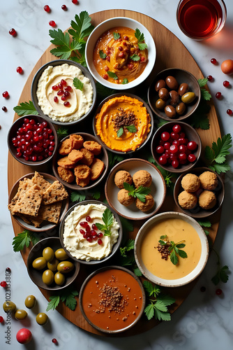 Wallpaper Mural Top view of Middle Eastern mezze with hummus, falafel, and various dips Torontodigital.ca