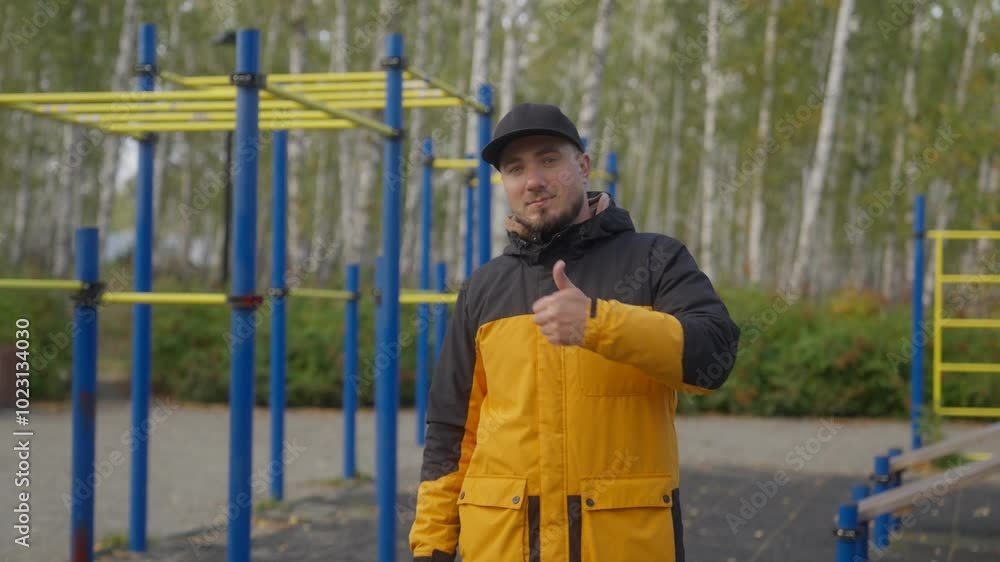 A sporty man, a strong guy, a fitness athlete, stay on an outdoor sports field, gives a thumbs up and smiles. There are exercise machines behind the man. A sporty man, a strong guy, a fitness athlete, stay on an outdoor sports field, gives a thumbs up and smiles. There are exercise machines behind the man.