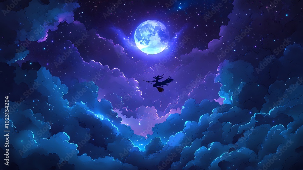 A magical cartoon-style illustration of a witch flying on a broomstick through a moonlit sky filled with stars. The bright full moon glows softly, A magical cartoon-style illustration of a witch flying on a broomstick through a moonlit sky filled with stars. The bright full moon glows softly,