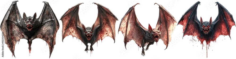 Fototapeta premium Eerie collection of gothic bats spread wings with detailed textures and blood red accents isolated
