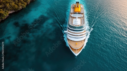 Aerial shot of a luxurious cruise ship sailing through expansive open waters with an impressive deck layout and clear blue skies, showcasing a magnificent maritime journey. photo