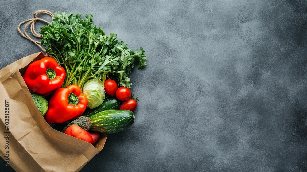 Fresh organic vegetables spilling out of a brown paper bag on a textured gray background, showcasing vibrant colors and healthy eating choices. Fresh organic vegetables spilling out of a brown paper bag on a textured gray background, showcasing vibrant colors and healthy eating choices.