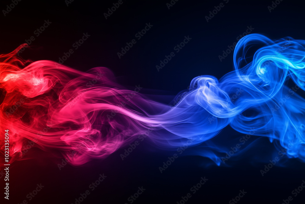 Fototapeta premium Foggy smoke in red blue neon light creating dynamic cinematic effect on dark black background.