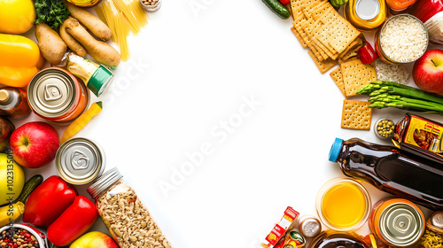 A white background with an assortment of canned goods, fresh produce, and packaged food in a border around the edge, perfect for a food-related design.
