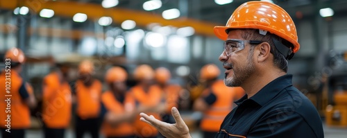 Supervisor conducting a safety talk in a warehouse, explaining hazard symbols and safety protocols, workers engaged in practical training