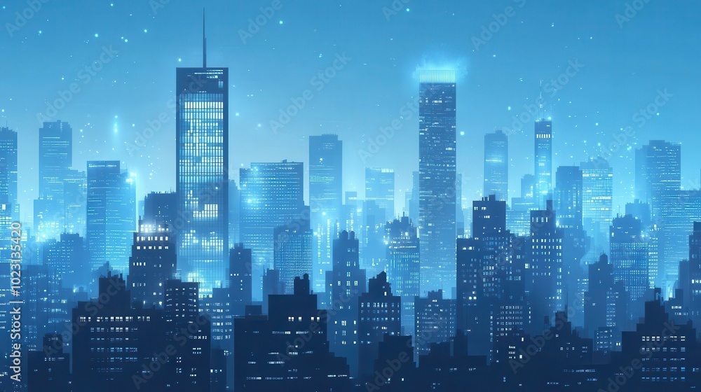 A serene night cityscape illuminating the skyline with bright lights and a tranquil blue atmosphere, perfect for modern design. A serene night cityscape illuminating the skyline with bright lights and a tranquil blue atmosphere, perfect for modern design.