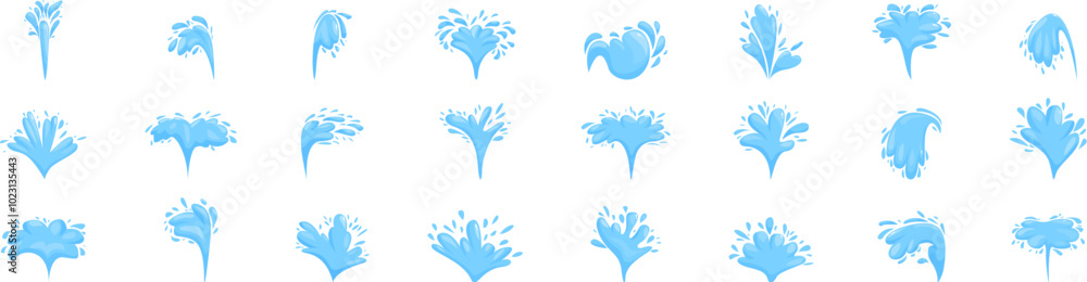 Fountain water jets icons set. Set of cartoon illustrations showing water splashing upwards in different shapes Fountain water jets icons set. Set of cartoon illustrations showing water splashing upwards in different shapes