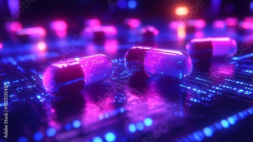 Pills scattered on a sleek, metallic surface, illuminated by holographic LED lights, casting neon blue and purple glows, futuristic medical environment, Cyberpunk, 3D render