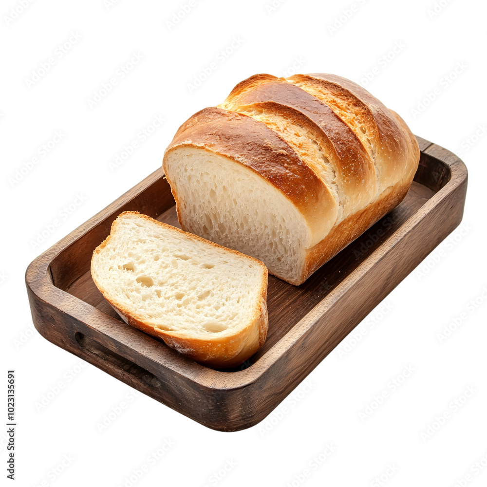 A freshly baked loaf of bread with a cut slice on a wooden tray in an isolated background A freshly baked loaf of bread with a cut slice on a wooden tray in an isolated background