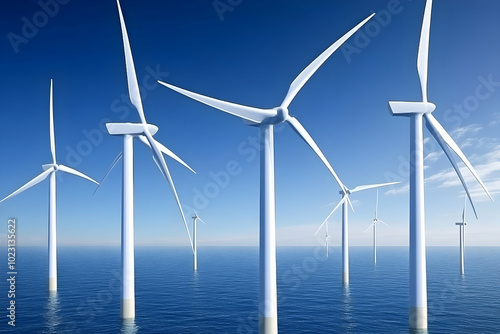 A row of wind turbines stand in the ocean on a bright, sunny day.