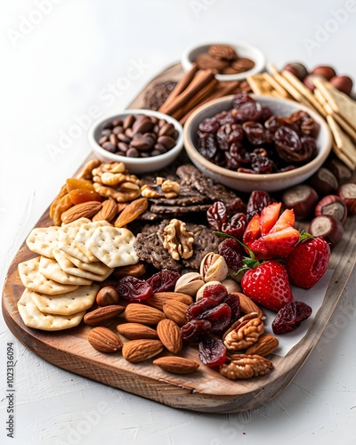 Beautifully Arranged Charcuterie Board with Assorted Nuts Dried Fruits and Crackers on White Background