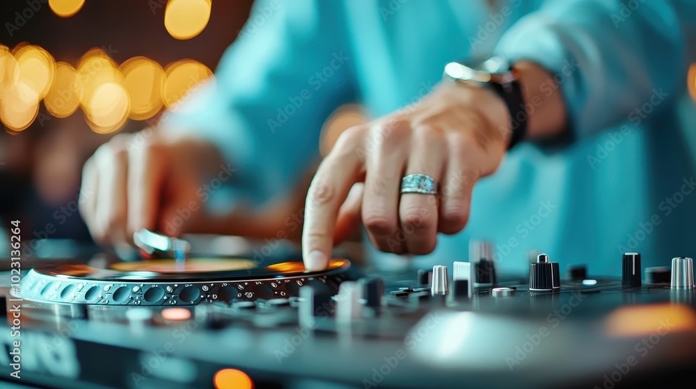 Hands of a DJ intensely manipulating the controls of a DJ controller, showing the intense concentration required to create seamless musical experiences. Hands of a DJ intensely manipulating the controls of a DJ controller, showing the intense concentration required to create seamless musical experiences.