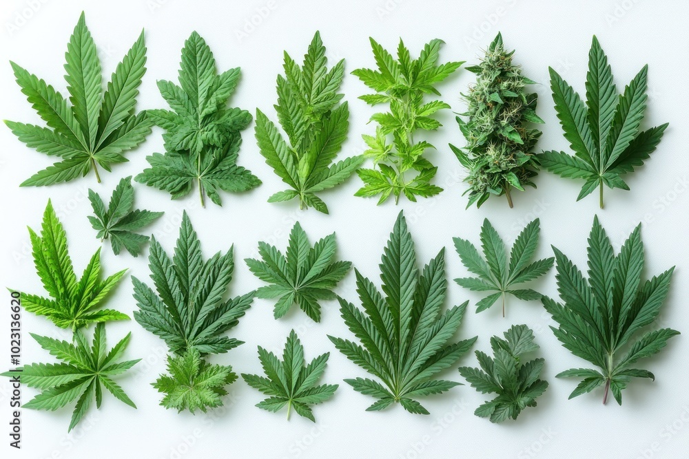 A collection of various cannabis leaves and buds displayed on a white background. A collection of various cannabis leaves and buds displayed on a white background.
