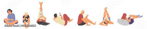 People with mobile phones sitting in different poses set. Young man and woman cartoon characters using gadgets for chatting in social media, surfing on internet vector illustration