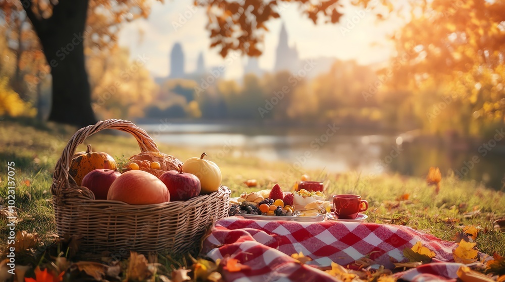 A picnic basket with fruit and a red checkered blanket in an autumn park.