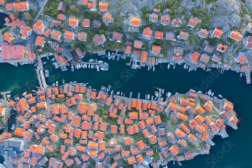 Aerial photo of village on the sea with dense housing on west coast of Sweden photo