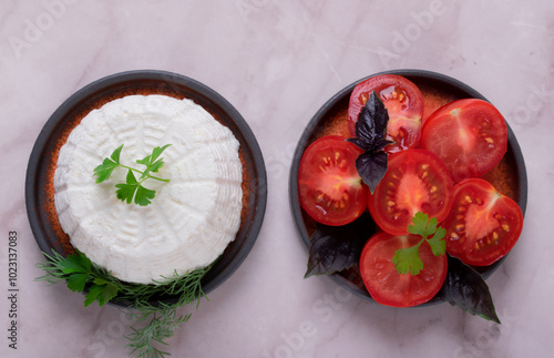 Fresh ricotta cheese topped with parsley served with cherry tomatoes on white table. Italian cuisine photo