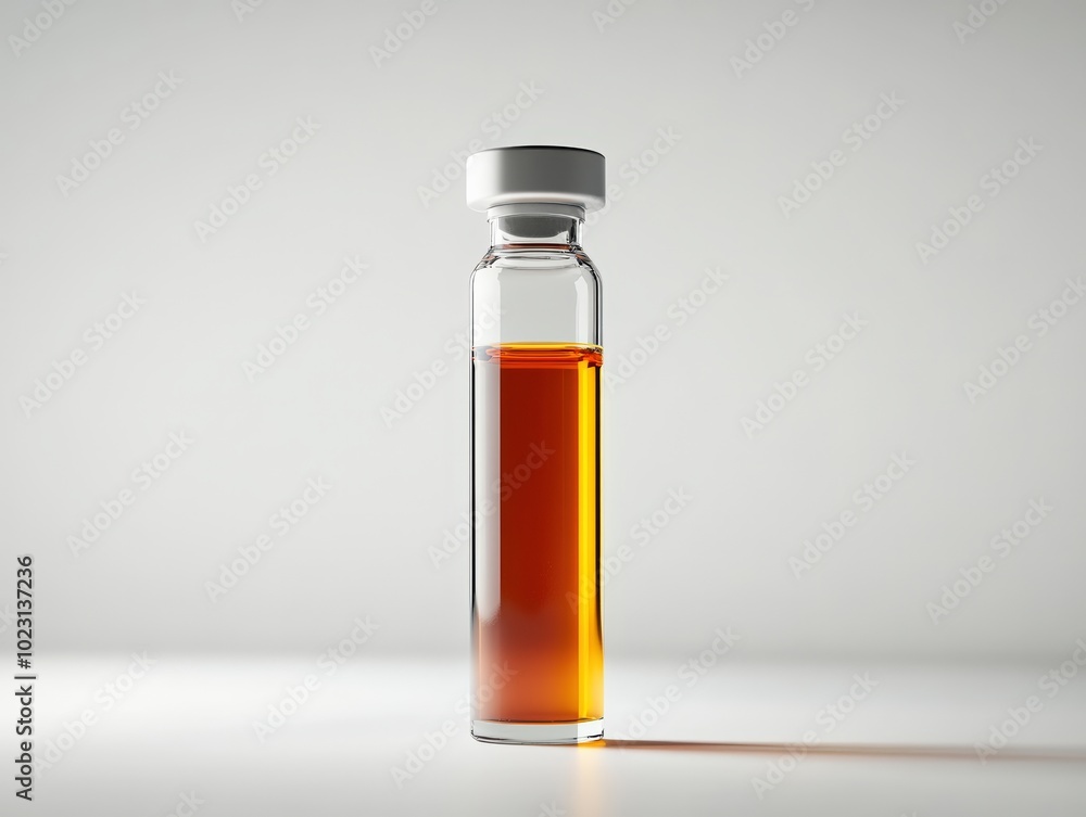 Single Glass Vial of Amber Liquid on White Background, Medical Supplies, Healthcare Concept Single Glass Vial of Amber Liquid on White Background, Medical Supplies, Healthcare Concept