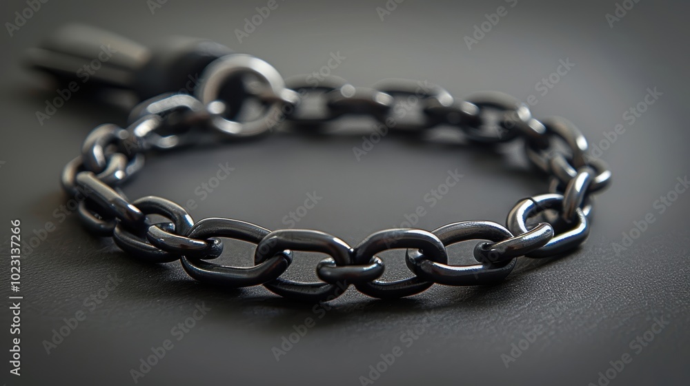 Fototapeta premium Close-up image of a metallic bracelet with a chain-link design prominently displayed on a smooth, dark background providing a sleek and modern aesthetic