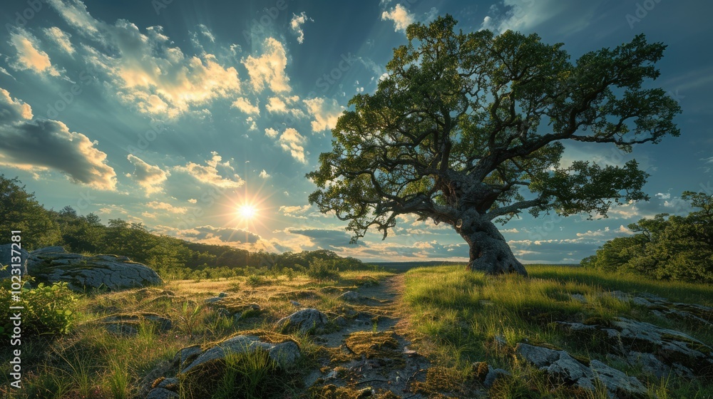 A stunning landscape photograph featuring a majestic tree standing tall under a vibrant sky illuminated by the sun, surrounded by lush greenery, rocks, and a path leading through nature A stunning landscape photograph featuring a majestic tree standing tall under a vibrant sky illuminated by the sun, surrounded by lush greenery, rocks, and a path leading through nature
