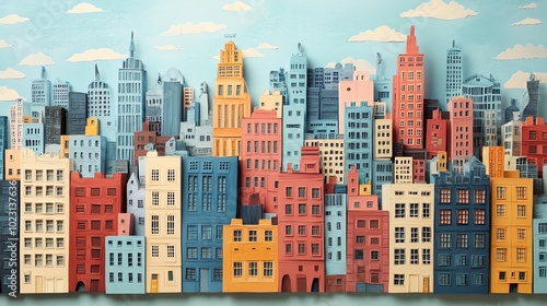 Paper cut cityscape with intricate building details, windows, and streets, forming a vibrant urban scene, paper cut city, intricate urban art