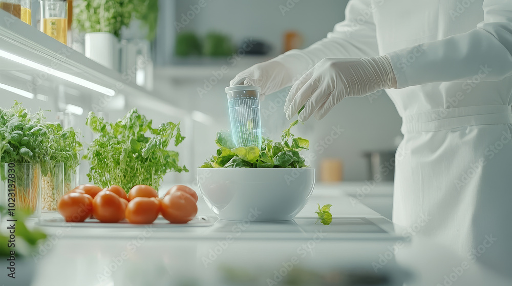 Fresh greens and tomatoes are being prepared in modern kitchen. person in gloves is using transparent container to measure ingredients, showcasing healthy cooking process Fresh greens and tomatoes are being prepared in modern kitchen. person in gloves is using transparent container to measure ingredients, showcasing healthy cooking process